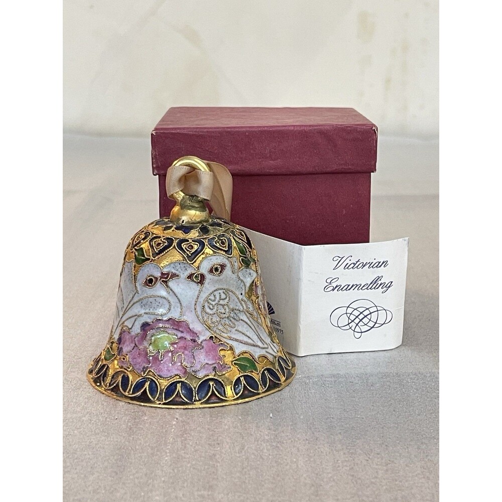 Cloisonne Enamel Bell Floral Dove NYCO Victorian Style Box & Card 3" Hand Decor